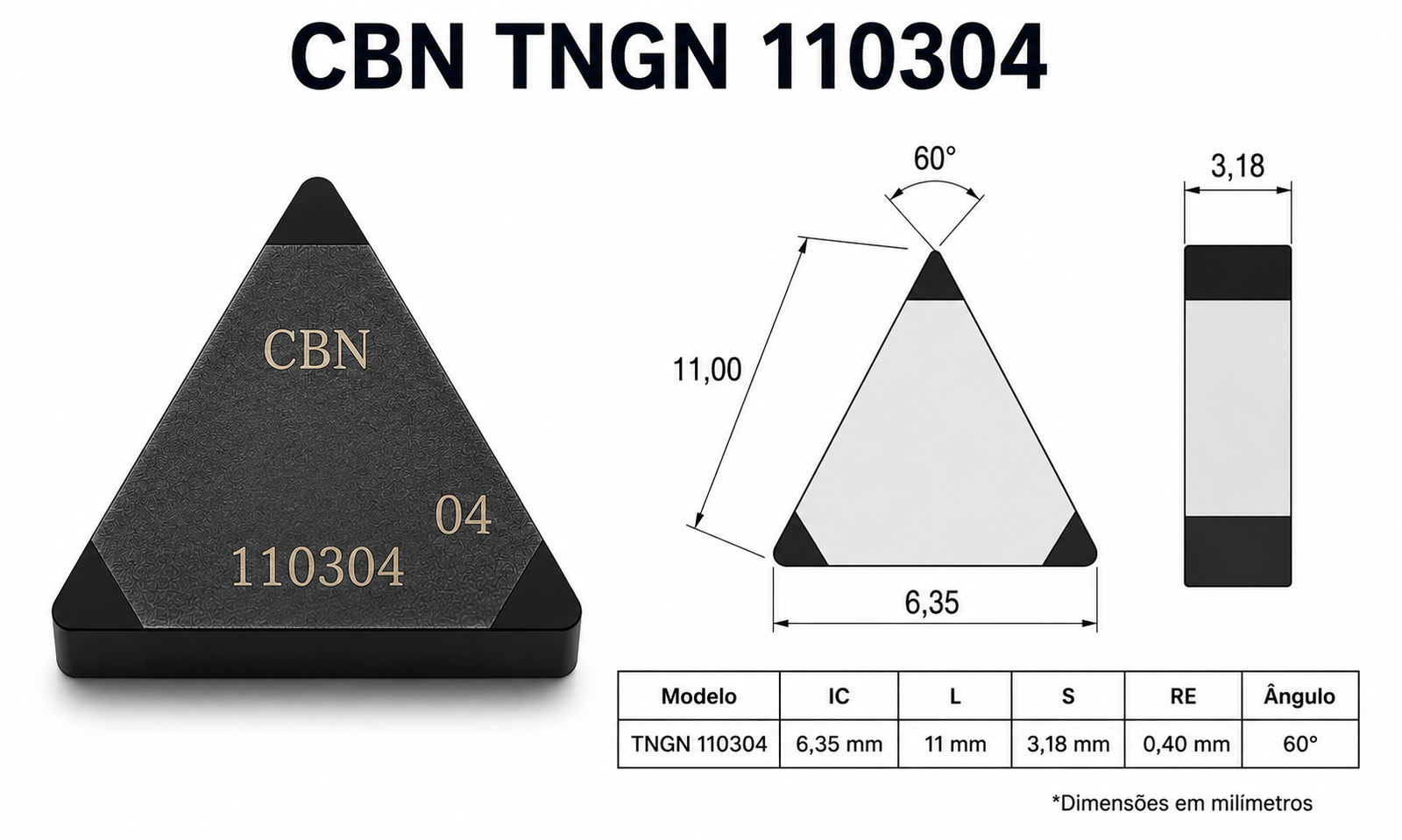Inserto CBN TNGN 110304 com desenho técnico e dimensões