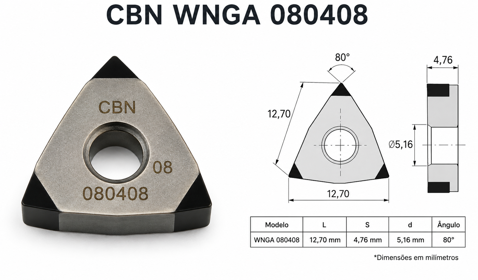 Inserto CBN WNGA 080408 com desenho técnico e dimensões
