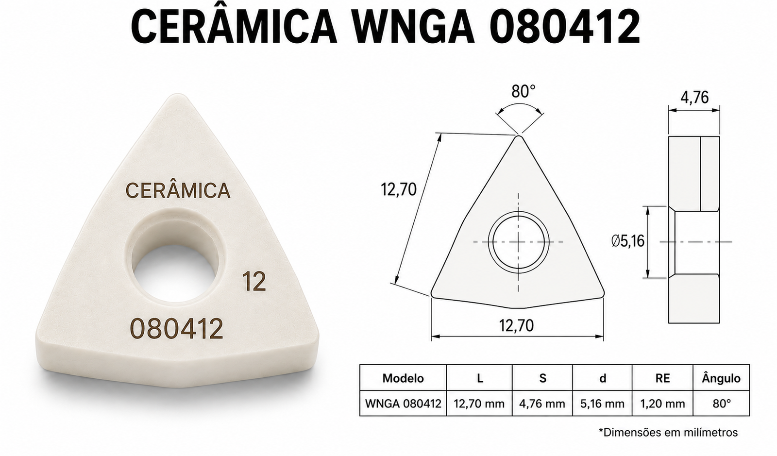 Inserto cerâmico WNGA 080412 com desenho técnico e dimensões